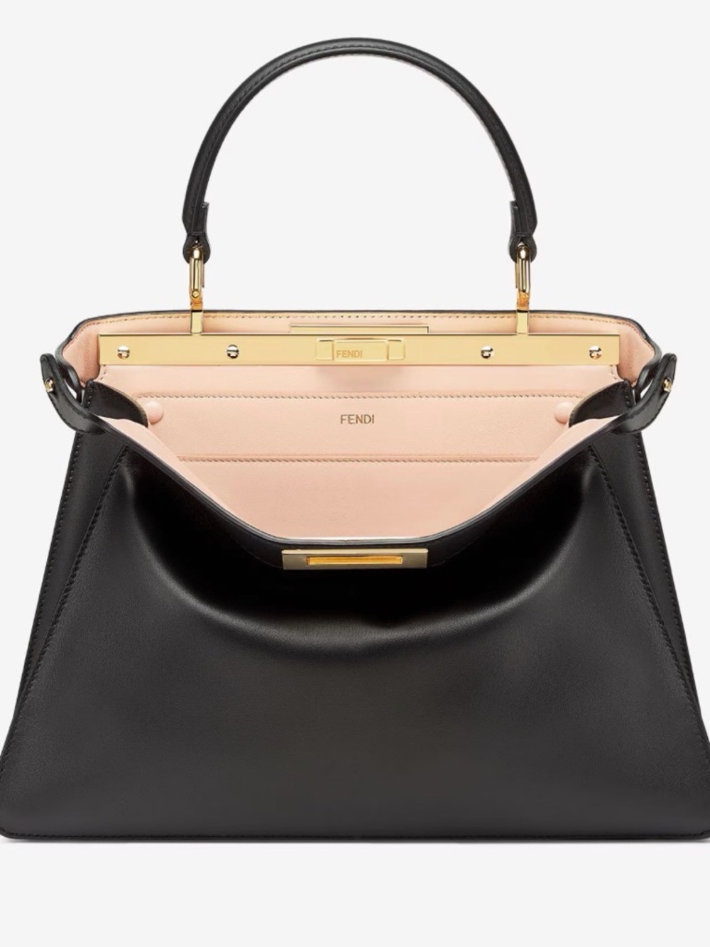 Fendi Black Leather Satchel with Pink Interior and Gold Hardware - New